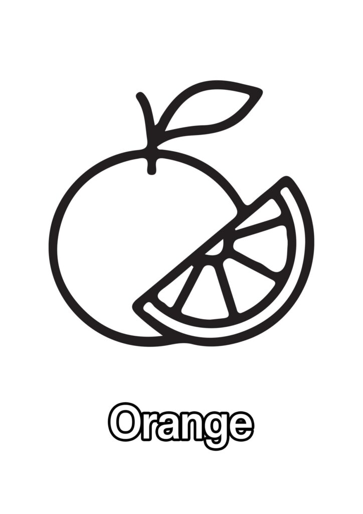 A large outlined orange with a leaf and a cut orange slice beside it, above the word “Orange.”.
