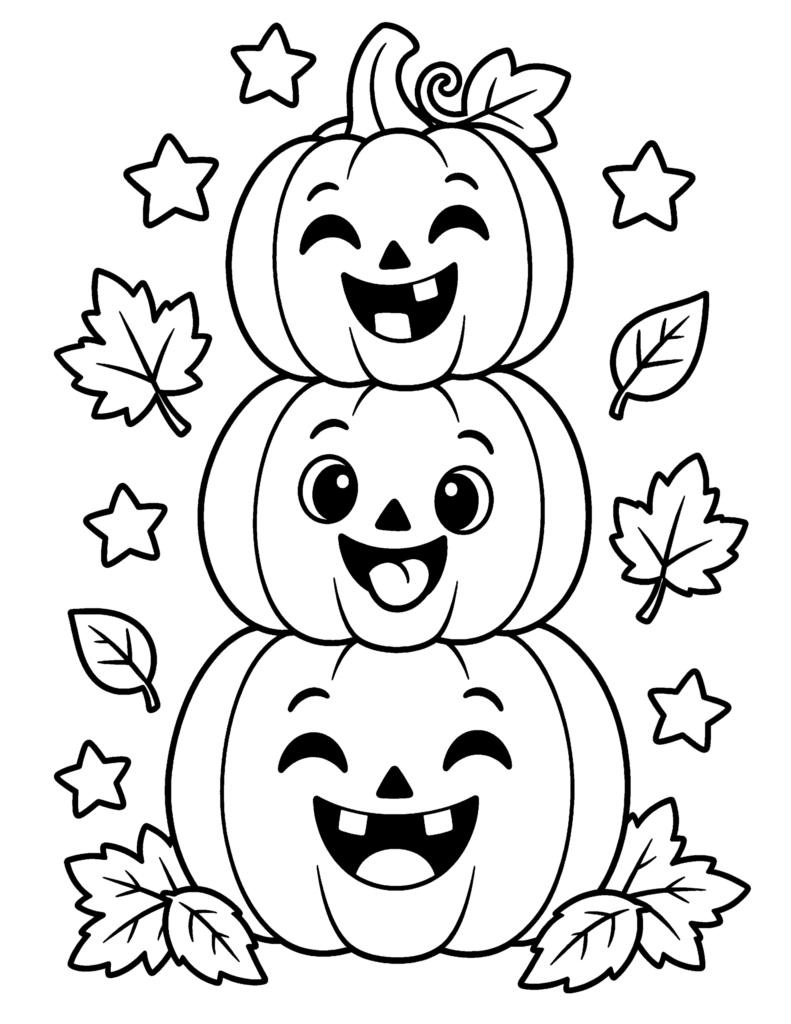 A black-and-white coloring page of three smiling pumpkins stacked vertically, surrounded by stars and autumn leaves.
