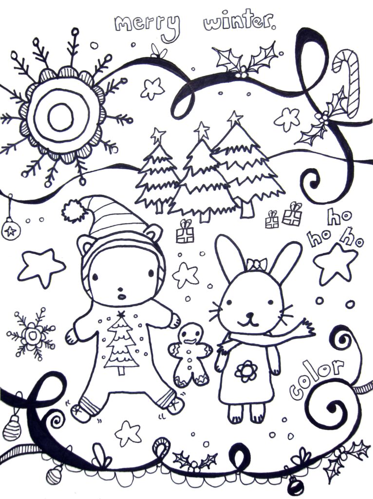 Winter holiday coloring page with a bear in a Santa hat, a waving rabbit, a gingerbread figure, decorated trees, snowflakes, ornaments, and festive lettering.