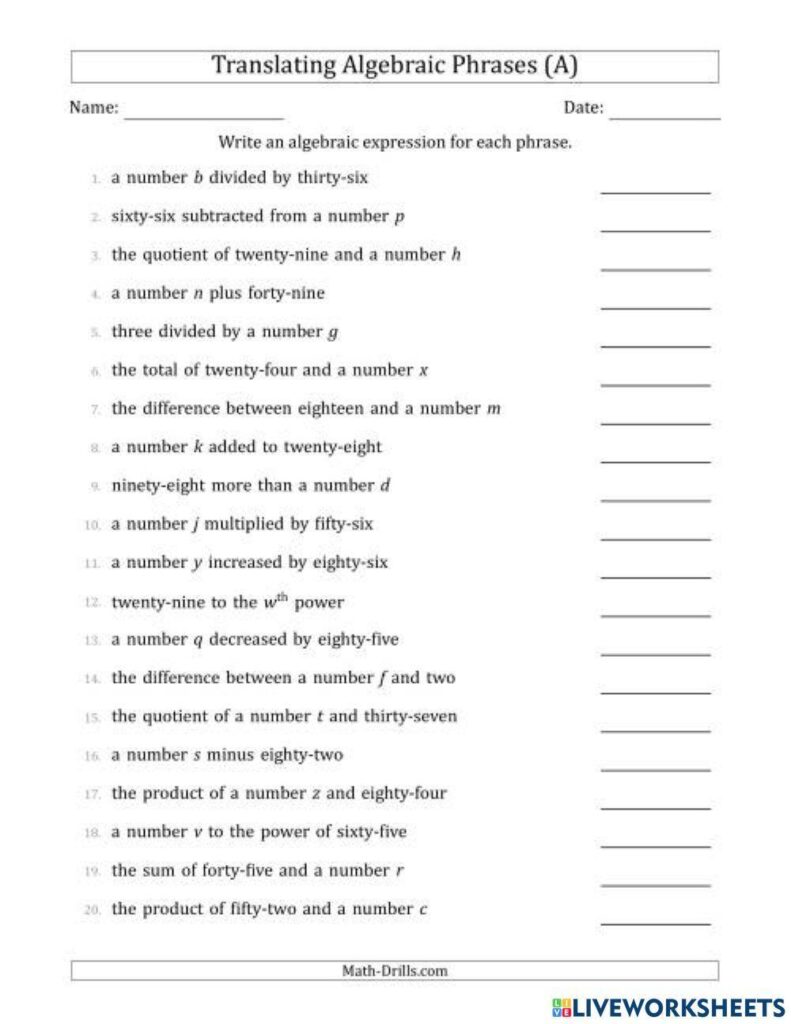 A worksheet titled “Translating Algebraic Phrases (A)” lists 20 phrases to convert into algebraic expressions, with blank answer lines.