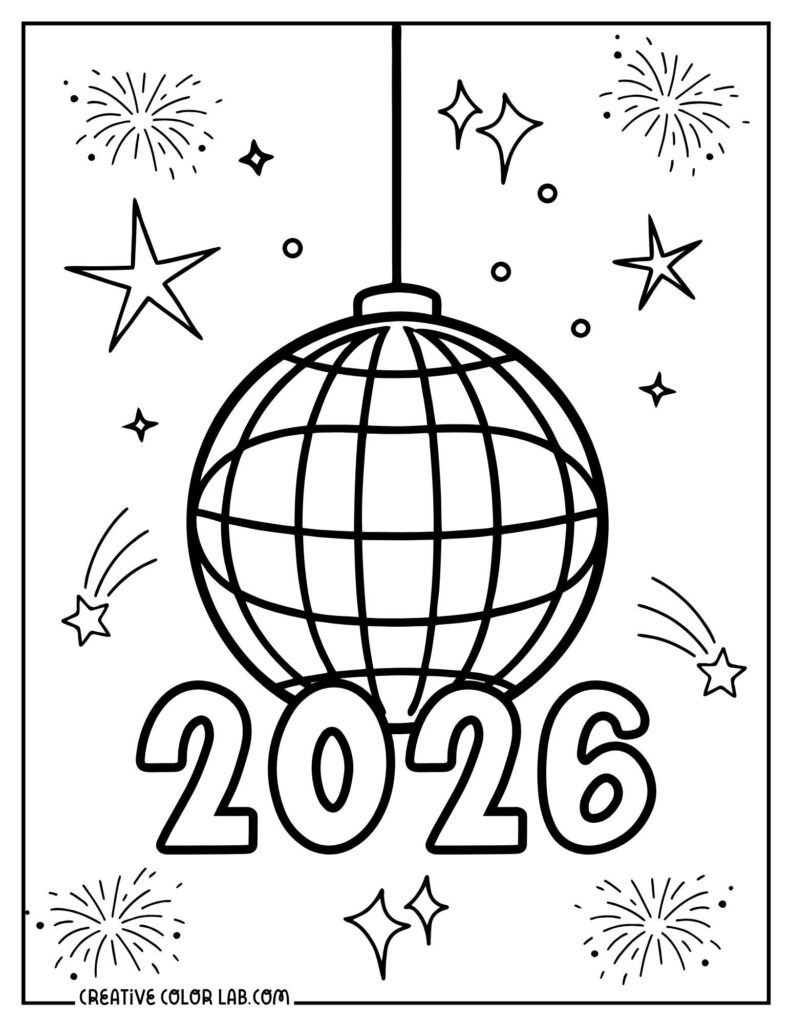 New Year coloring page with large outlined “2026,” a disco ball, stars, and fireworks.