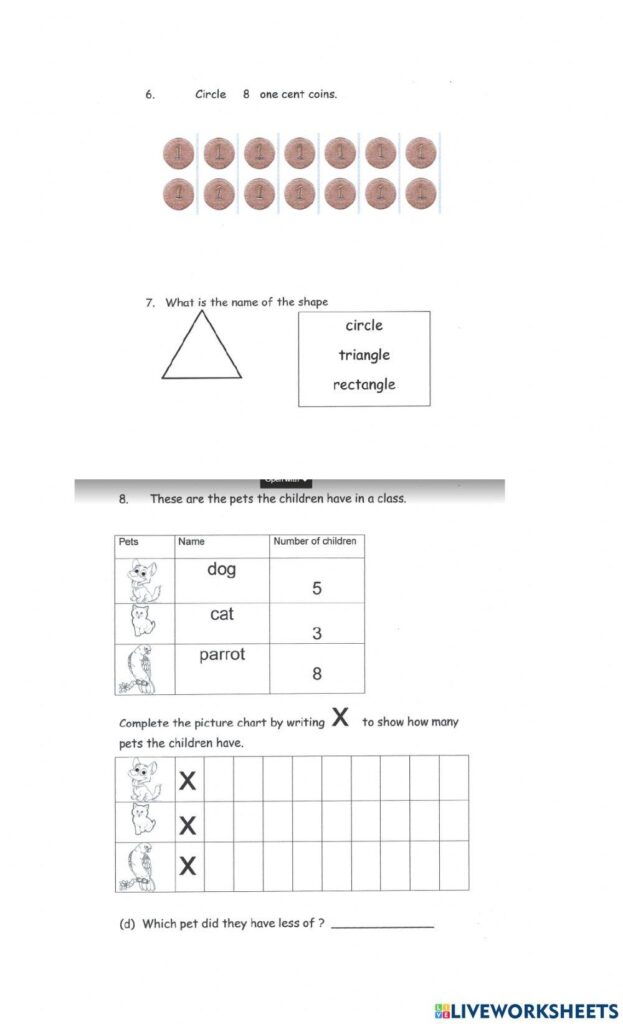 Early-maths worksheet with an eight-coin counting prompt, a triangle multiple-choice question, and a pets table and picture-chart activity.