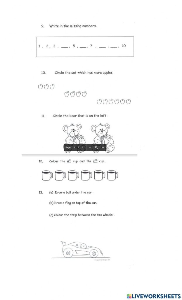 Early-math worksheet with a missing-number sequence, groups of apples to compare, bears to compare by position, cups to color by ordinal number, and a car drawing activity.