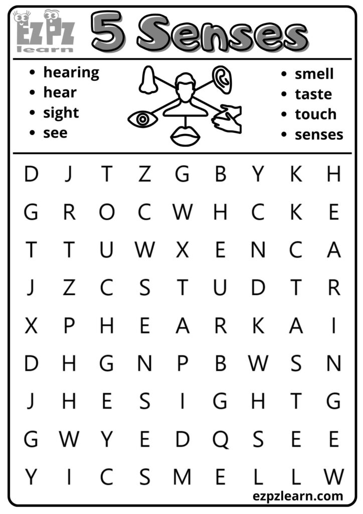 A black-and-white “5 Senses” word-search worksheet with a five-senses illustration and a letter grid.