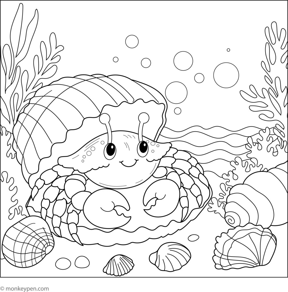 A smiling cartoon crab among seashells, bubbles, seaweed, and waves, drawn in black outlines for coloring.