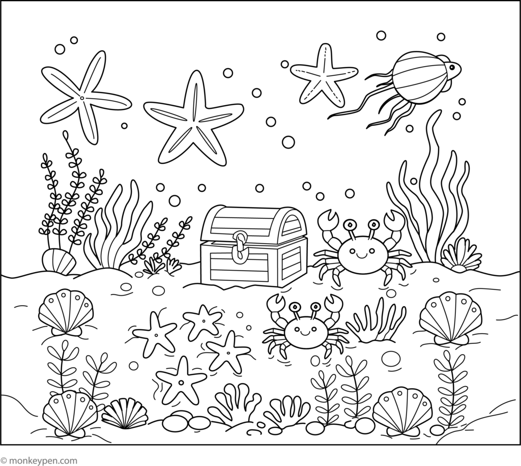Underwater coloring page with outlined starfish, crabs, shells, seaweed, bubbles, and a treasure chest on the ocean floor.