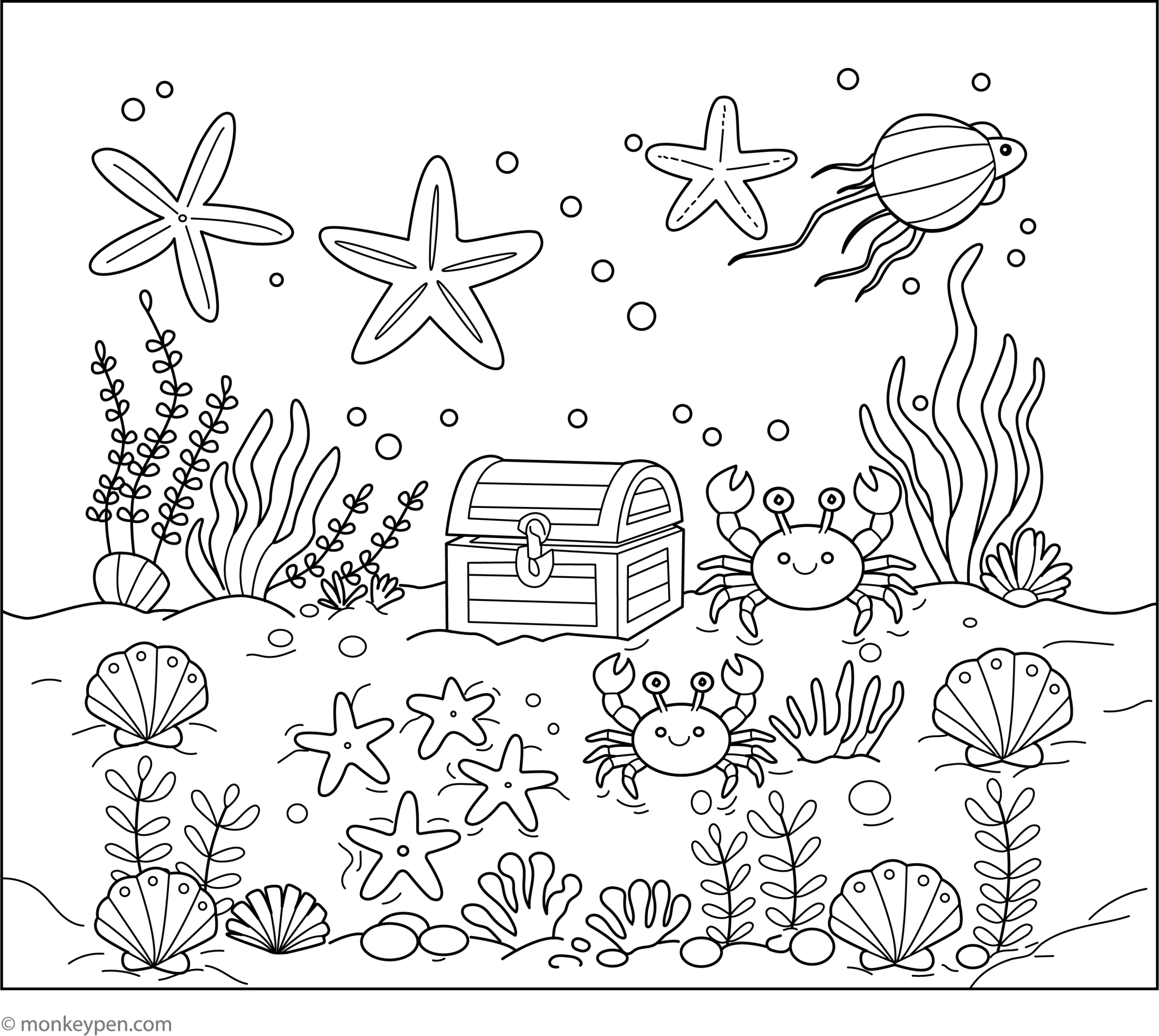 Underwater coloring page with starfish, crabs, seashells, seaweed, bubbles, and a treasure chest on the seabed.