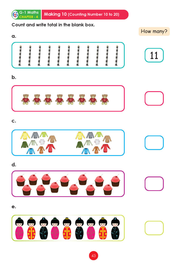 Grade 1 worksheet asks students to count groups of objects and write each total in a blank box. Pictures include counting rods, teddy bears, clothes, cupcakes, and dolls.
