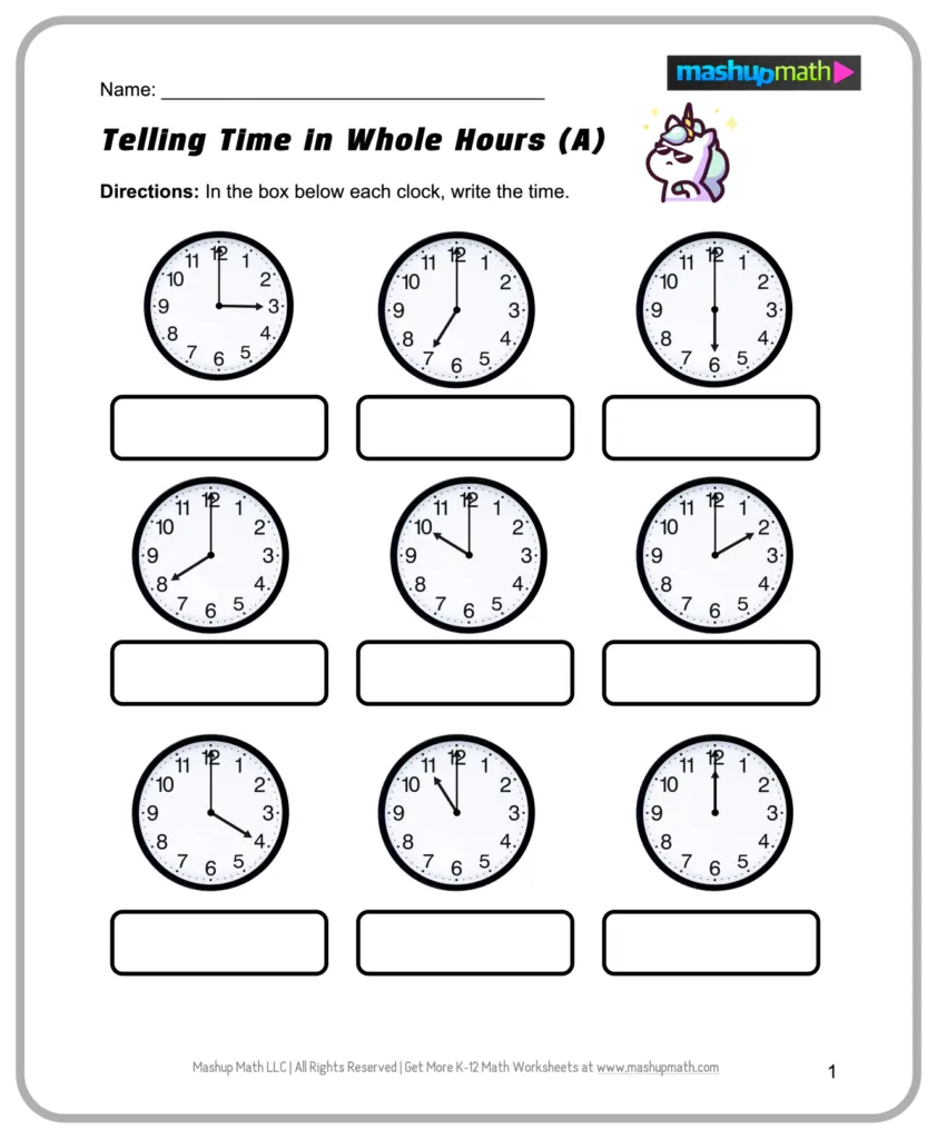 A worksheet titled “Telling Time in Whole Hours” shows nine numbered analog clocks, each above a blank answer box, with directions to write the time.