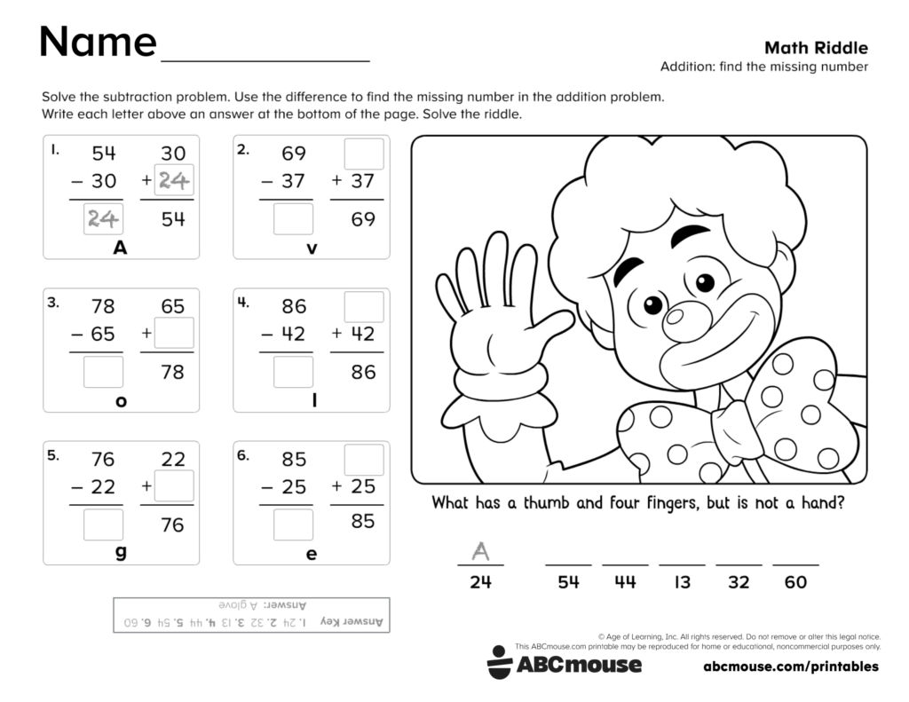 A math riddle worksheet asks students to solve subtraction and missing-addend problems, then use the answers to solve a riddle about a clown’s thumb and four fingers.