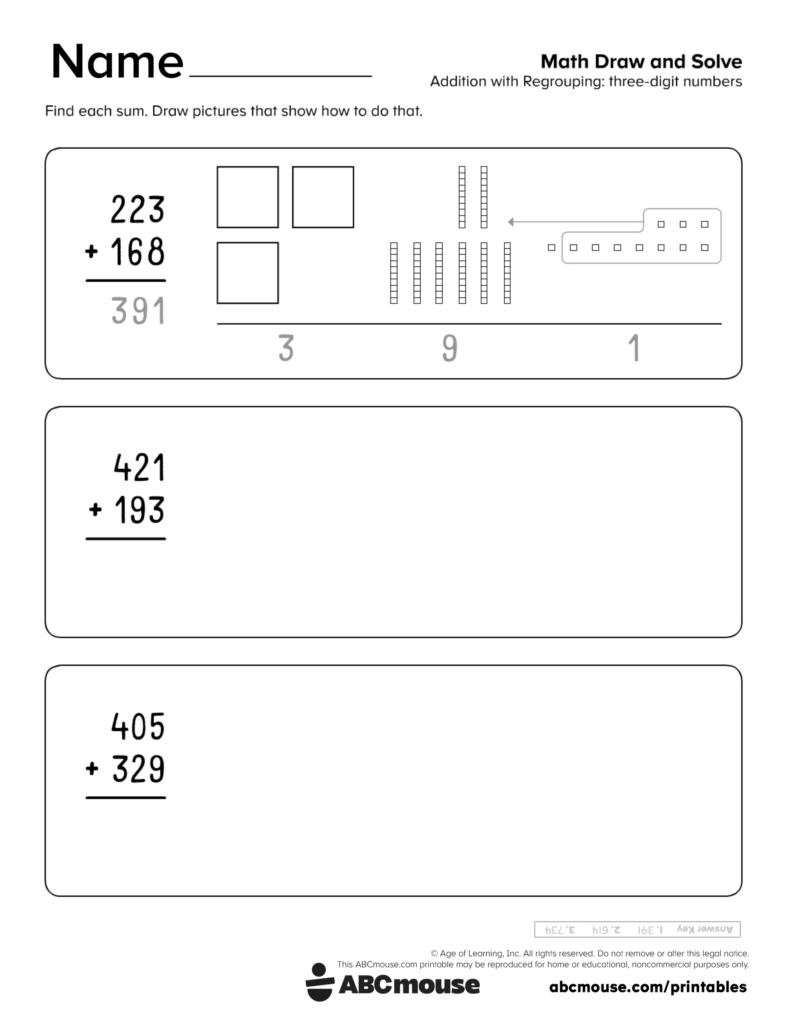 A math worksheet titled “Math Draw and Solve” asks students to model three-digit addition with regrouping. It shows one worked example and two blank problem areas for 421 + 193 and 405 + 329.