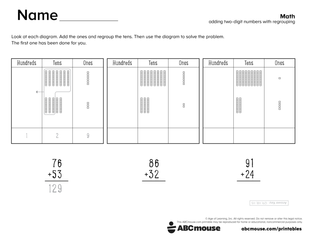 Math worksheet with hundreds, tens, and ones diagrams for adding two-digit numbers with regrouping, including 76 + 53, 86 + 32, and 91 + 24.