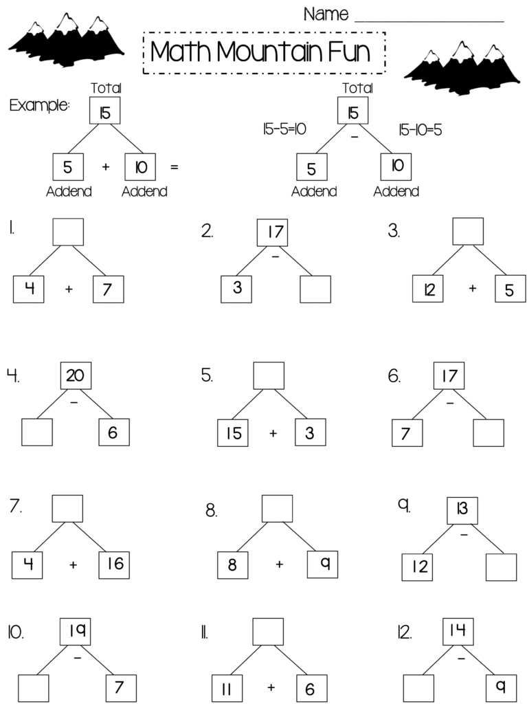 A “Math Mountain Fun” worksheet with addition and subtraction number-bond examples and 12 practice problems, with blanks for totals or addends.