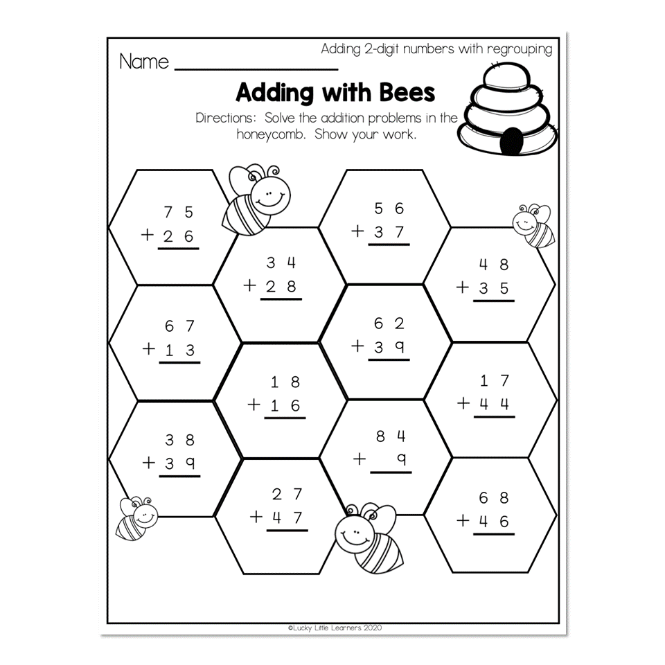 A black-and-white addition worksheet titled “Adding with Bees,” with two-digit addition problems in honeycomb cells and bee illustrations.