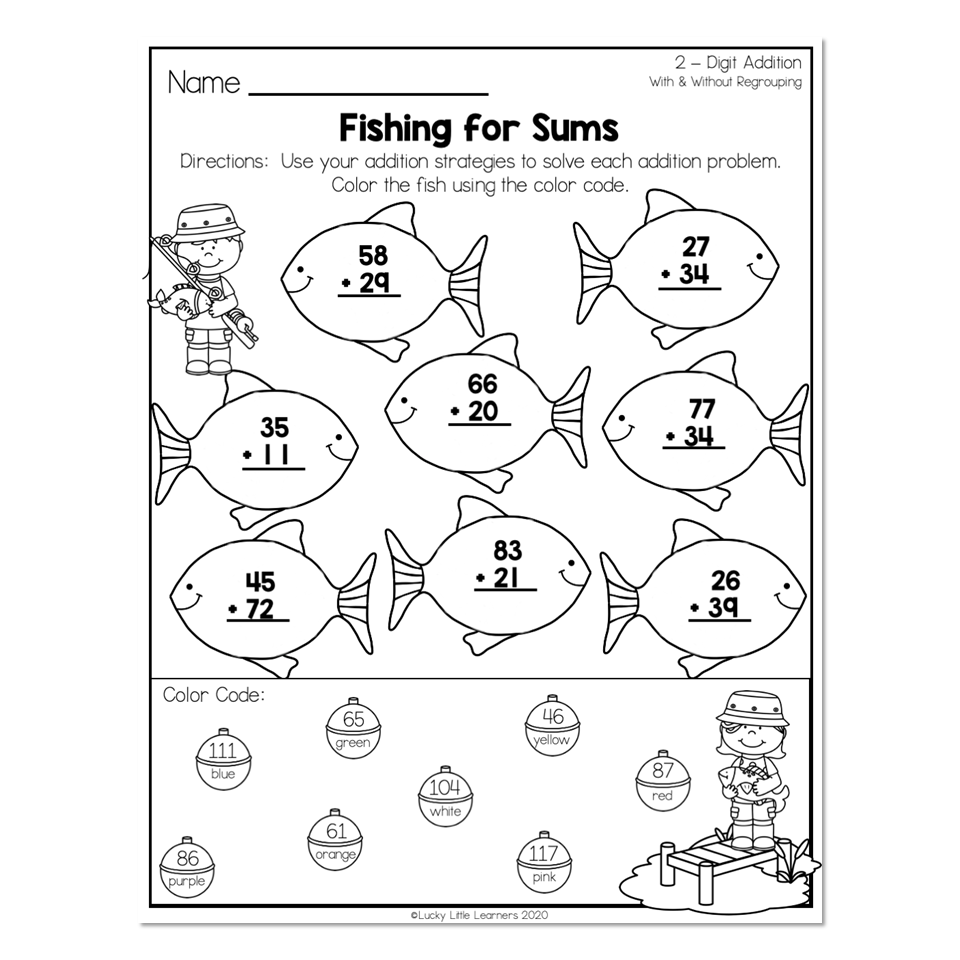 A “Fishing for Sums” worksheet has seven fish containing two-digit addition problems to solve and color by a code of numbered color labels.