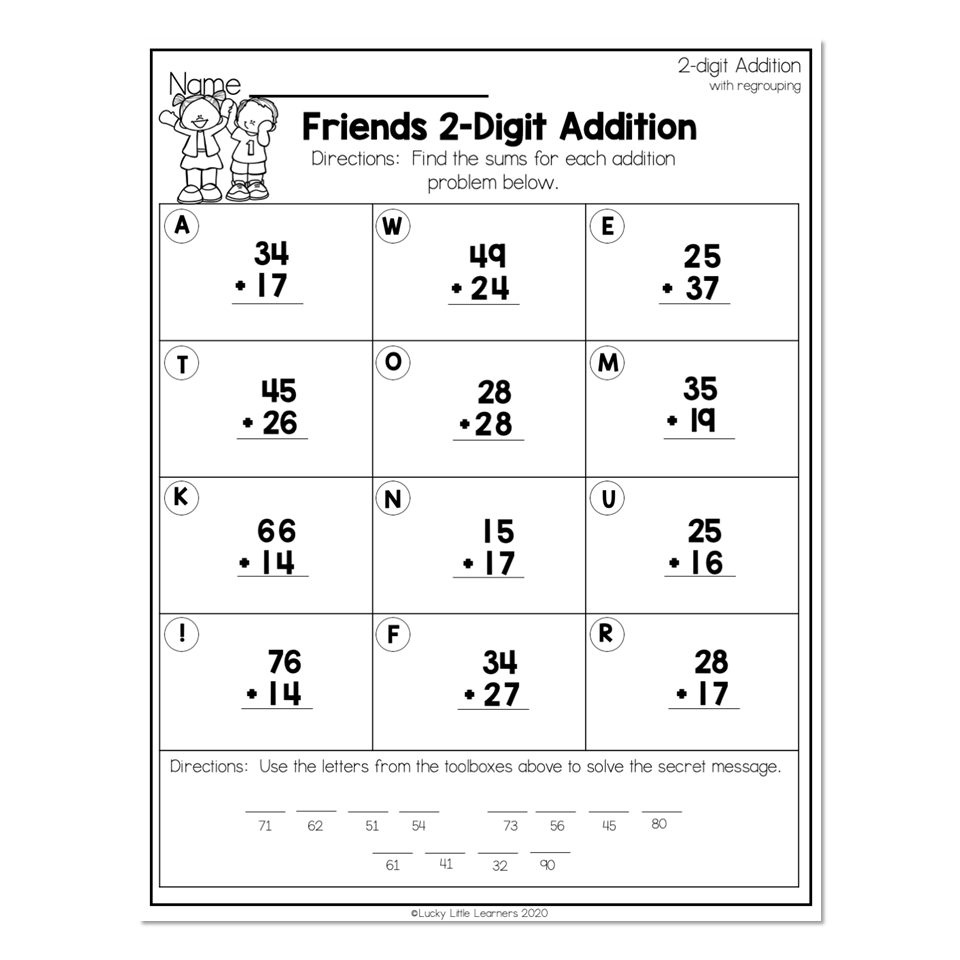 A two-digit addition worksheet with twelve regrouping problems in a grid and a secret-message activity below.