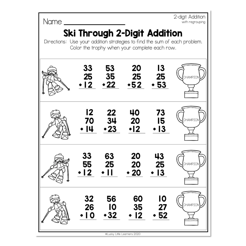 A ski-themed two-digit addition worksheet with four rows of vertical addition problems, skier illustrations, and a trophy to color in each row.