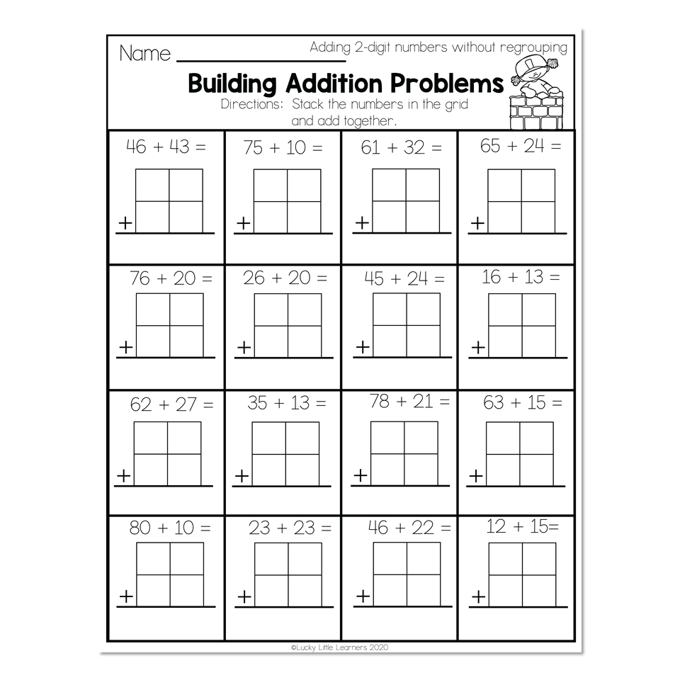 A worksheet titled “Building Addition Problems” with 16 two-digit addition problems and blank grids for stacking and adding the numbers.