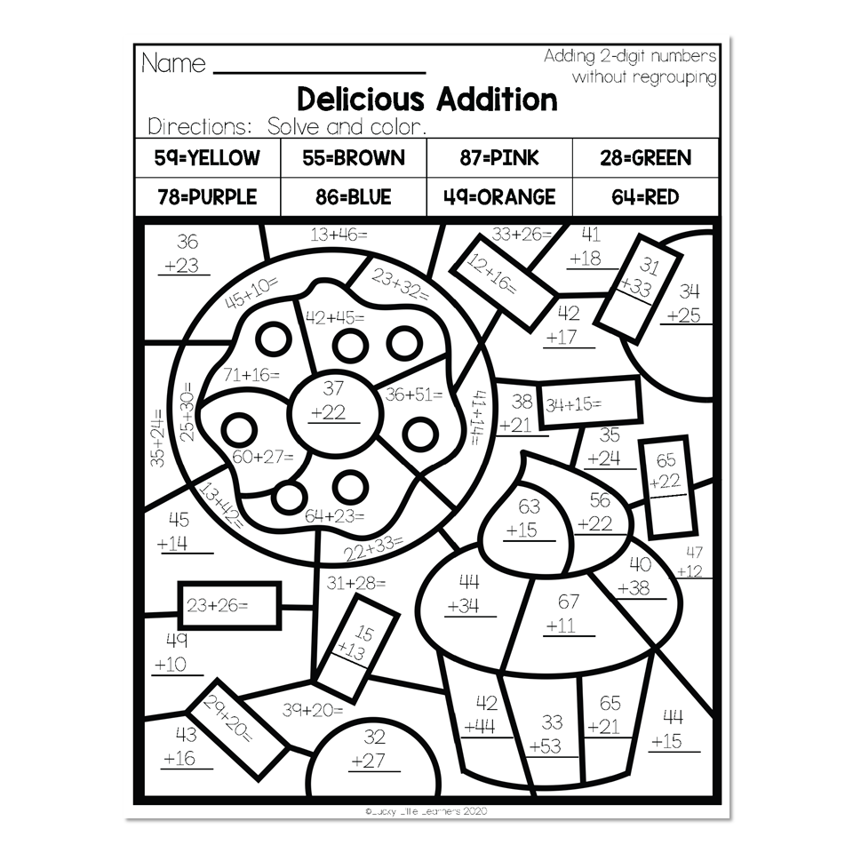 A black-and-white addition coloring worksheet with two-digit sums, a color key, and a large ladybug and mushroom divided into sections.