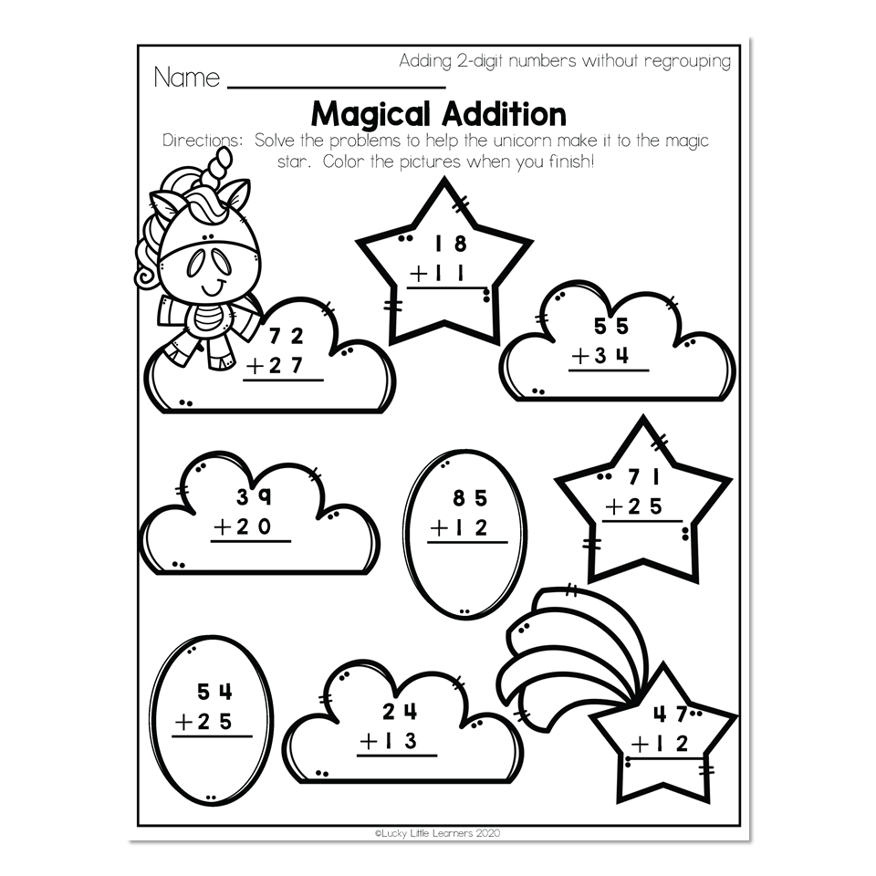 A magical addition worksheet with several two-digit addition problems arranged inside stars, clouds, and ovals, plus a unicorn illustration.