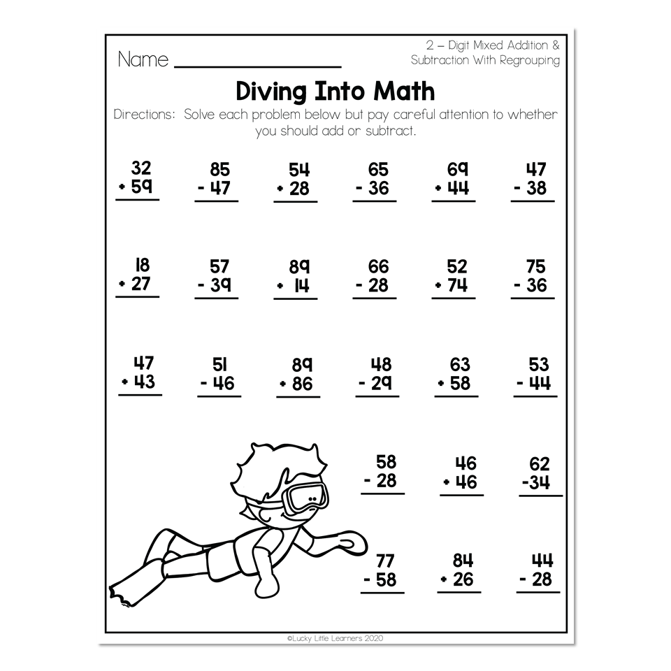 A two-digit mixed addition and subtraction worksheet with rows of problems and a scuba-diving child illustration.