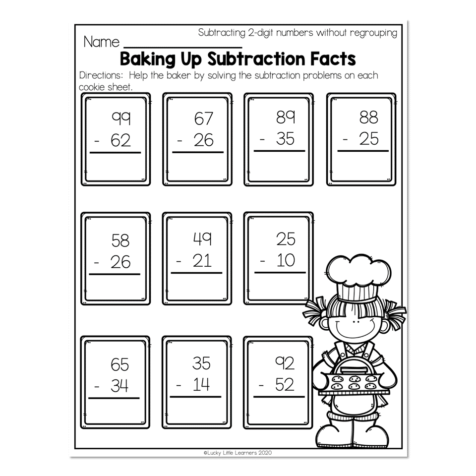 A black-and-white worksheet titled “Baking Up Subtraction Facts” with ten two-digit subtraction problems arranged in cookie-sheet boxes and a baker illustration in the lower right.