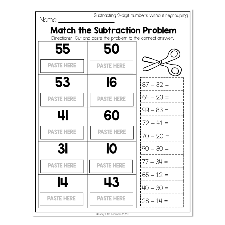 A subtraction matching worksheet with two-digit problems, answer boxes labeled “Paste Here,” and a scissors illustration. Students cut out the problems and match them to the listed answers.