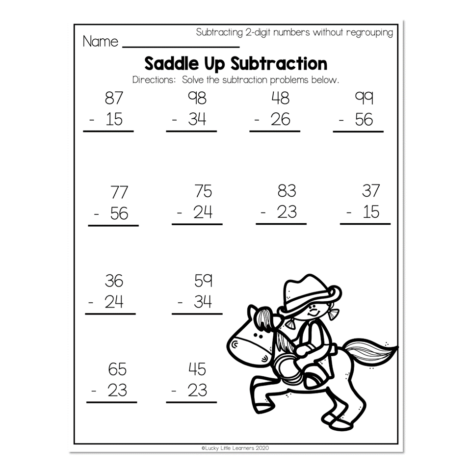 A worksheet titled “Saddle Up Subtraction” with two-digit subtraction problems without regrouping and a cowboy riding a horse.