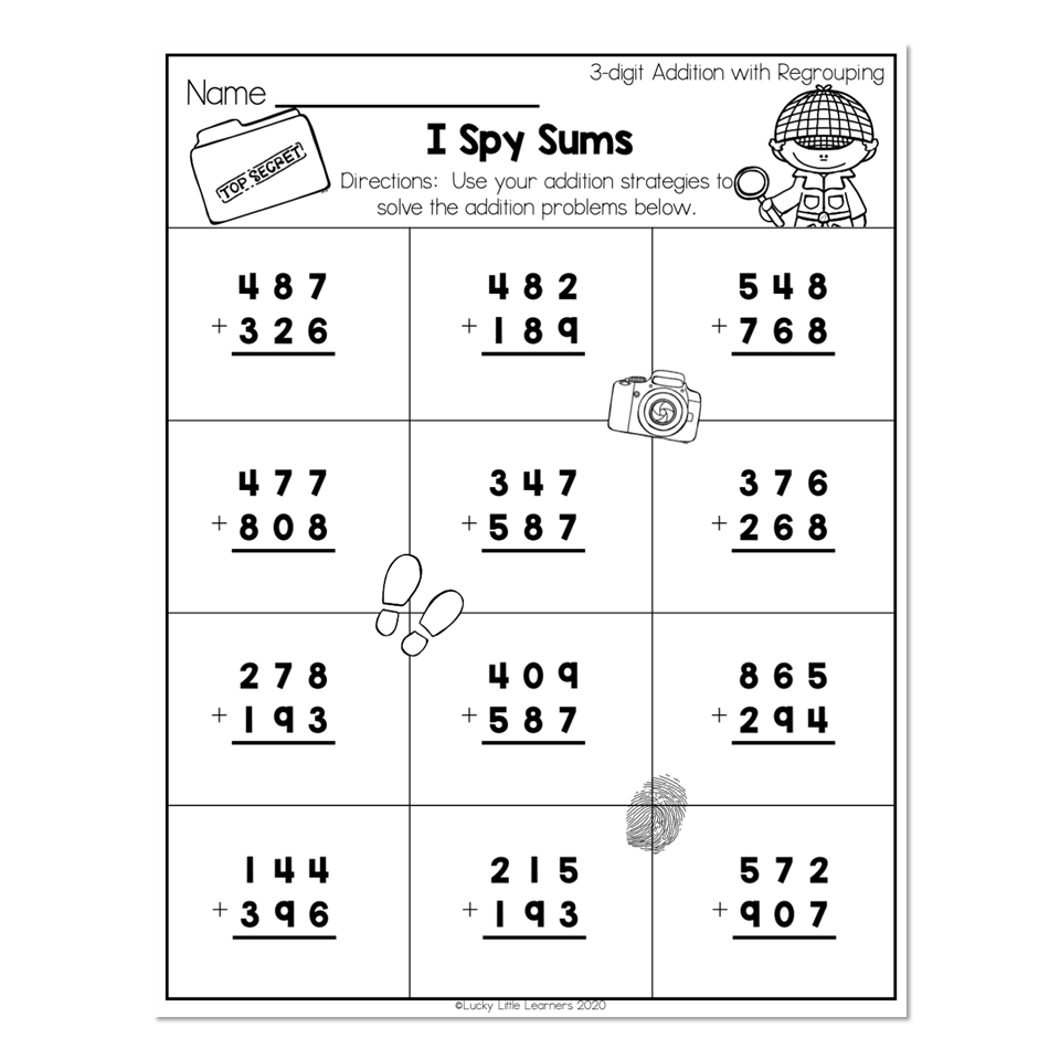 A black-and-white “I Spy Sums” worksheet with twelve three-digit addition problems arranged in a grid, plus spy-themed drawings of a detective, camera, footprints, and fingerprint.