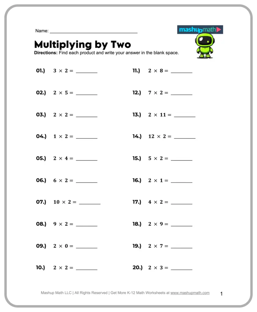 A worksheet titled “Multiplying by Two” with twenty multiplication problems and blank answer lines, arranged in two columns.