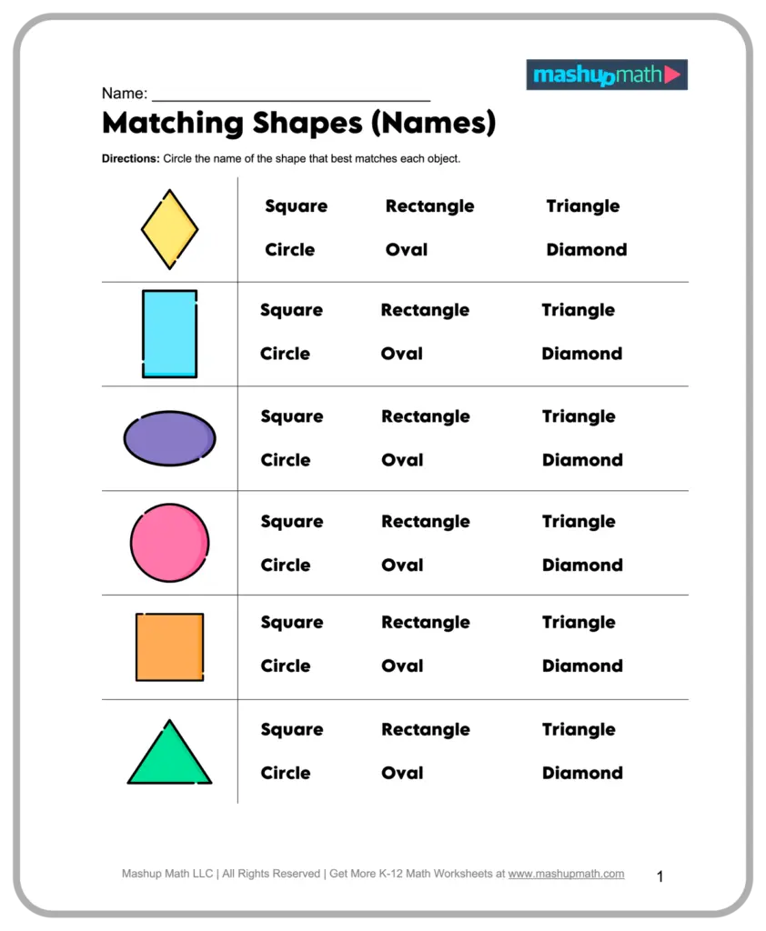A matching-shapes worksheet shows a diamond, rectangle, oval, circle, square, and triangle, with shape-name choices beside each.