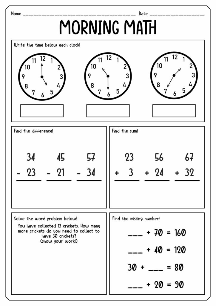 A morning math worksheet with three clock-reading questions, subtraction and addition problems, a cricket-counting word problem, and missing-number equations.