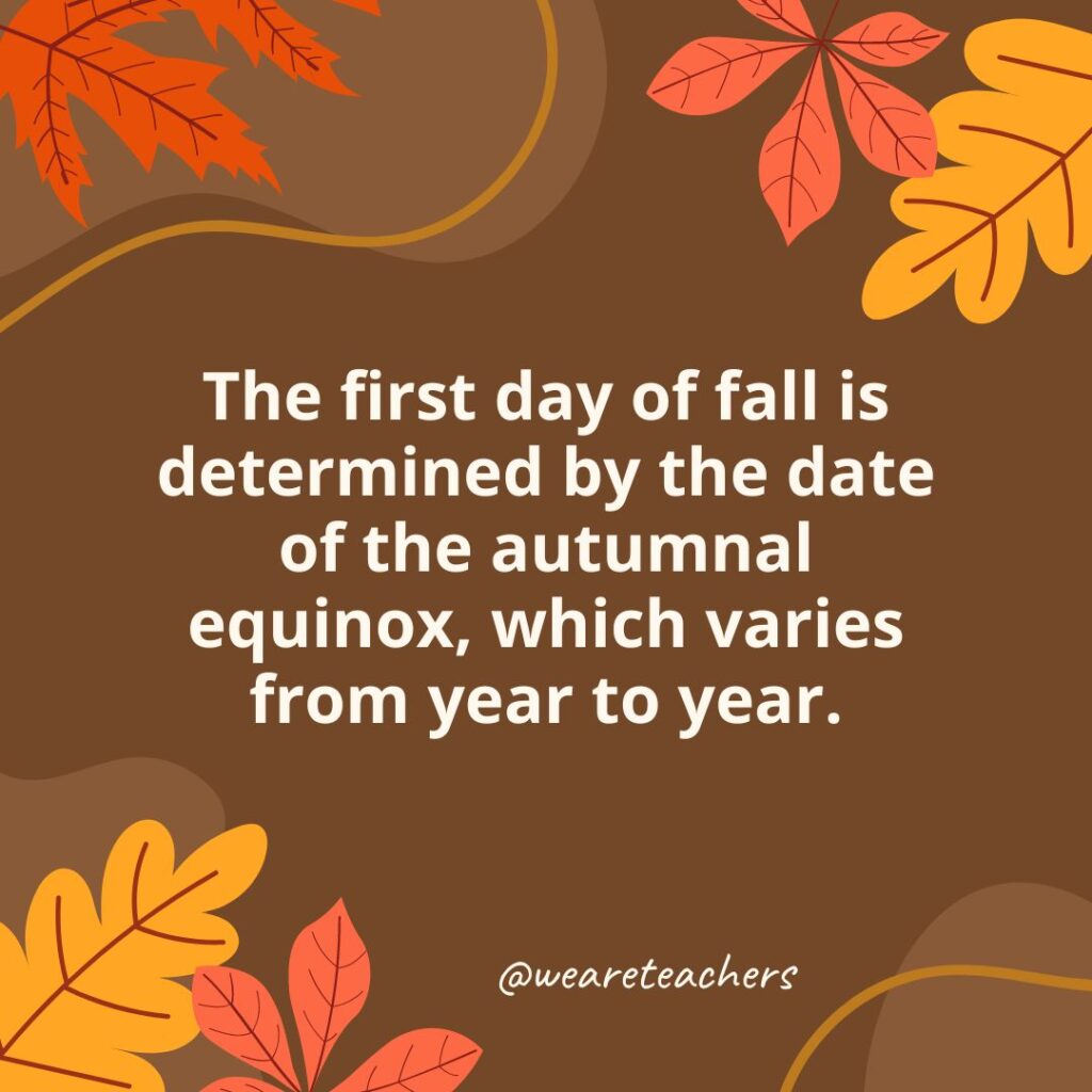 A brown autumn-themed graphic with orange and red leaves says the first day of fall is determined by the autumnal equinox, which varies from year to year.