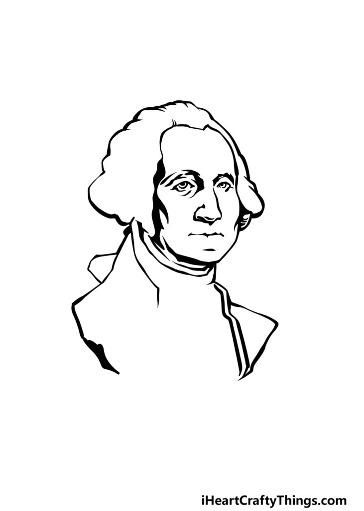 Black-and-white line drawing of George Washington in a formal coat, shown from the chest up.