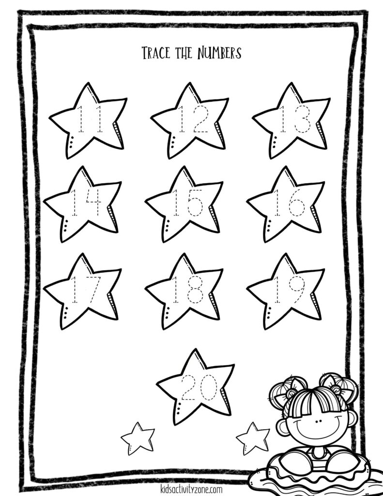 A black-and-white preschool worksheet titled “Trace the Numbers,” with dotted numerals 11 through 20 inside starfish outlines and a cartoon child at the bottom.