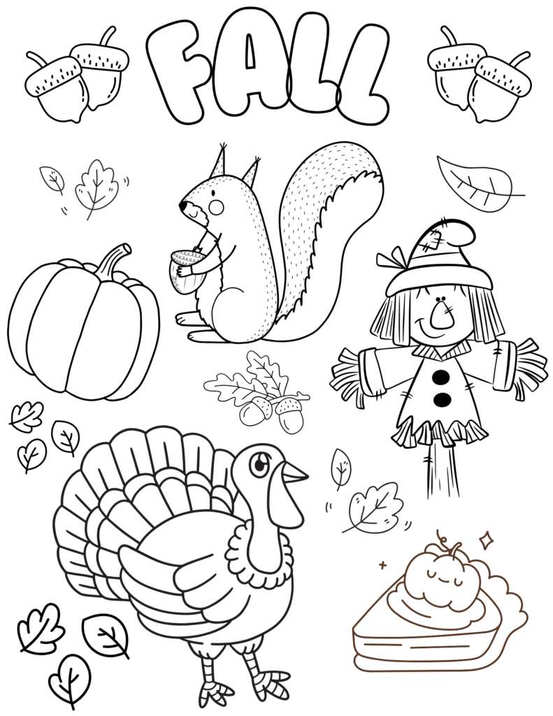 Fall coloring page with a large turkey, squirrel holding an acorn, scarecrow, pumpkin, acorns, leaves, and a slice of pie.