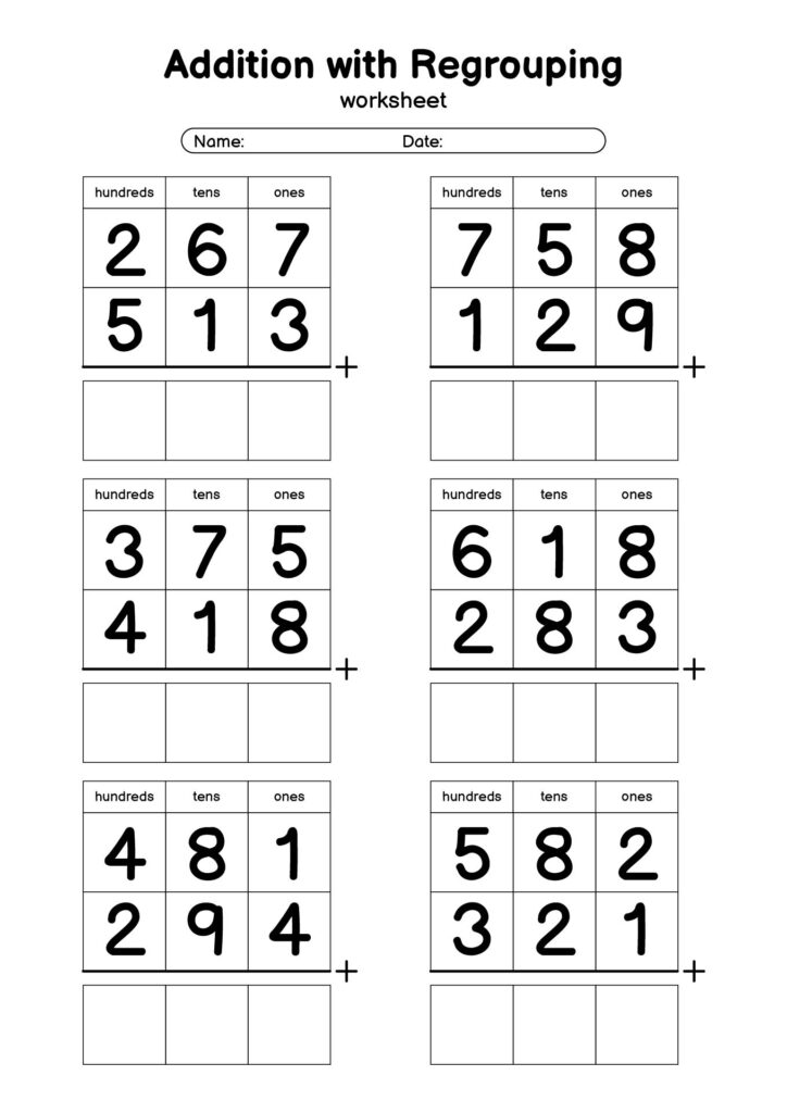 Addition with regrouping worksheet showing six three-digit addition problems arranged in hundreds, tens, and ones columns, with blank answer boxes.