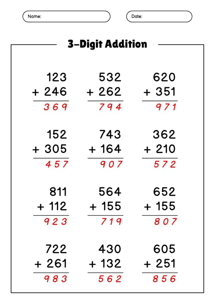 A 3-digit addition worksheet with 12 vertical problems, each showing a red answer, plus name and date fields.