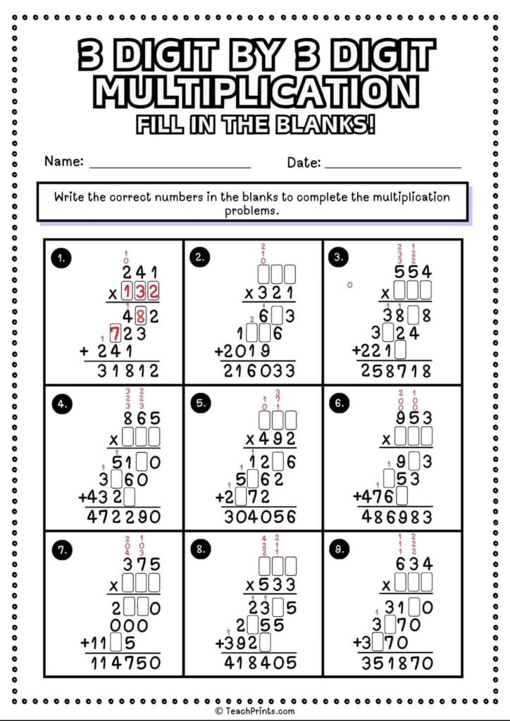 A black-and-white worksheet titled “3 Digit by 3 Digit Multiplication” with nine fill-in-the-blank multiplication problems and spaces for name and date.