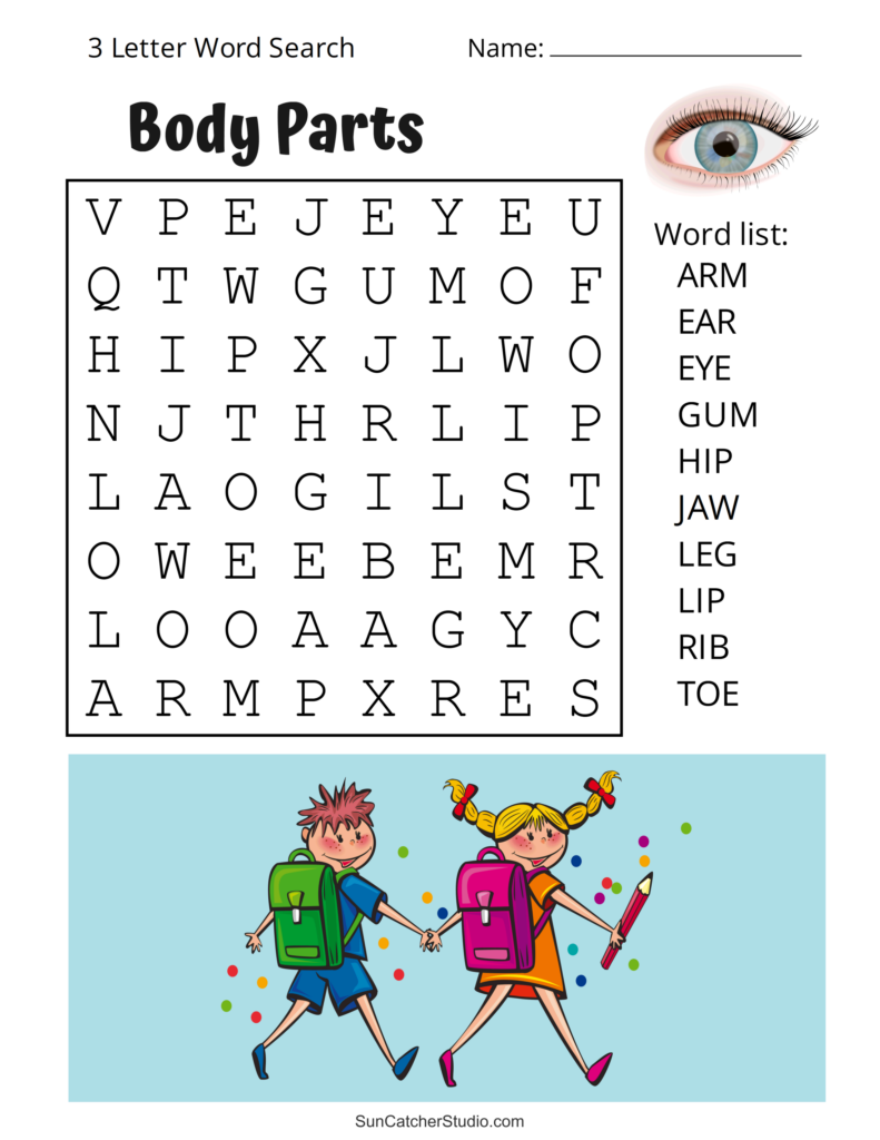 A body-parts word-search worksheet with a letter grid and a list of words including arm, ear, eye, gum, hip, jaw, leg, lip, rib, and toe. A colorful illustration of two children with backpacks appears below.
