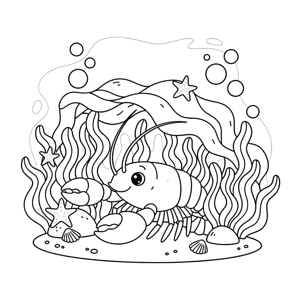 Undersea coloring page featuring a smiling crab among seaweed, starfish, shells, and bubbles.