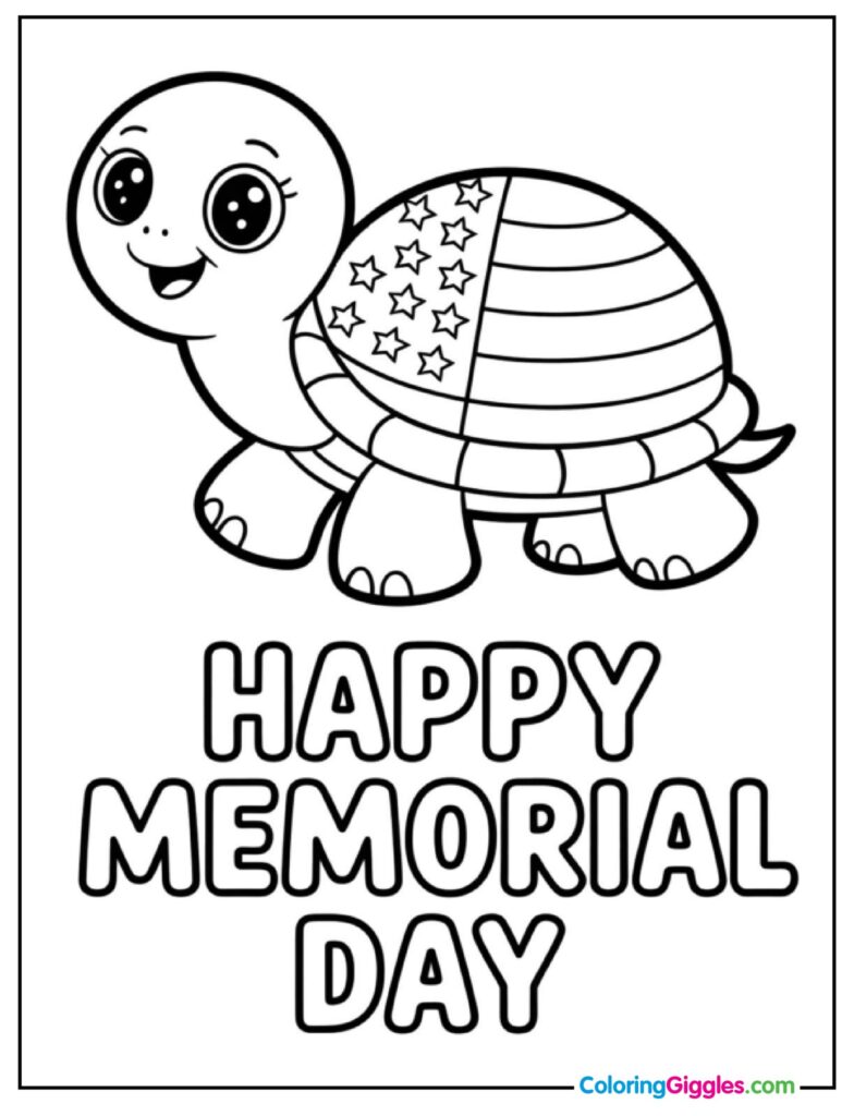Black-and-white coloring page with a smiling turtle whose shell has stars and stripes, above outlined “Happy Memorial Day” lettering.