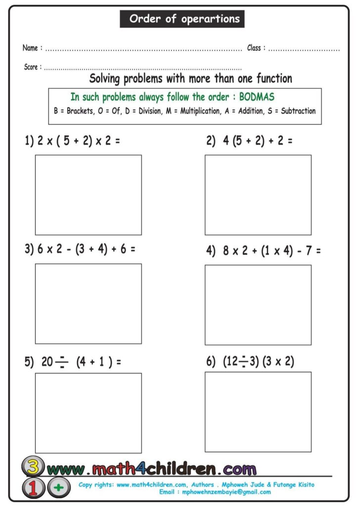 Order-of-operations worksheet explaining BODMAS, with six arithmetic problems and blank boxes for working.