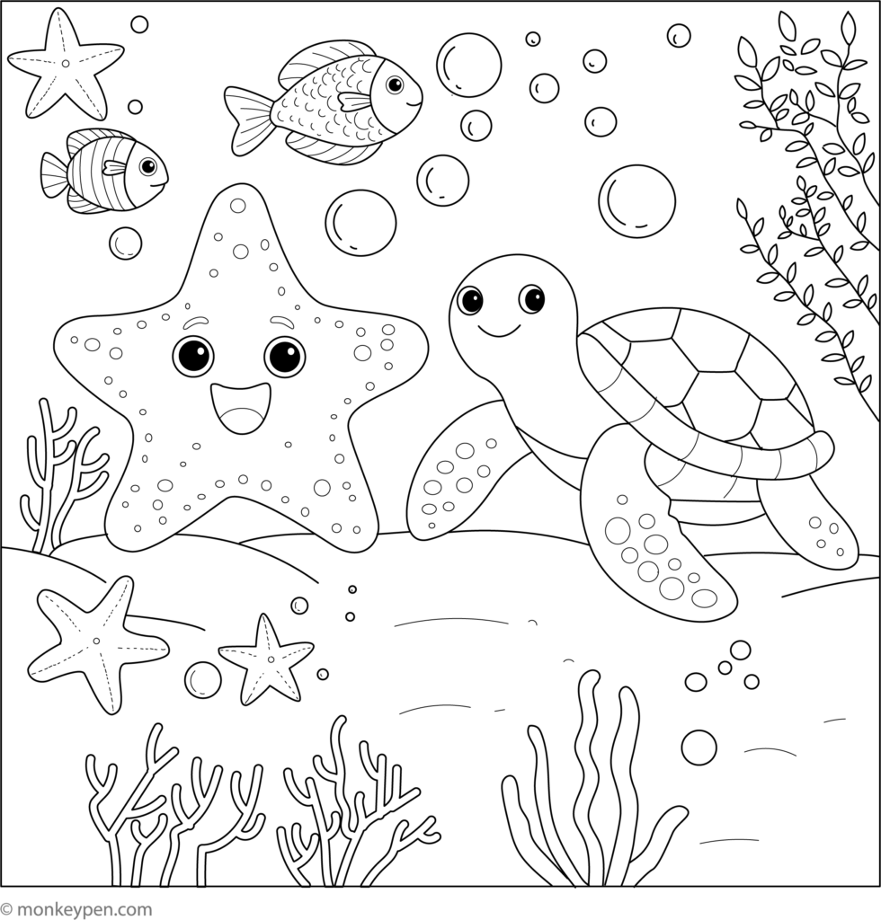 Underwater coloring page featuring a smiling starfish and sea turtle, fish, bubbles, smaller starfish, and sea plants.