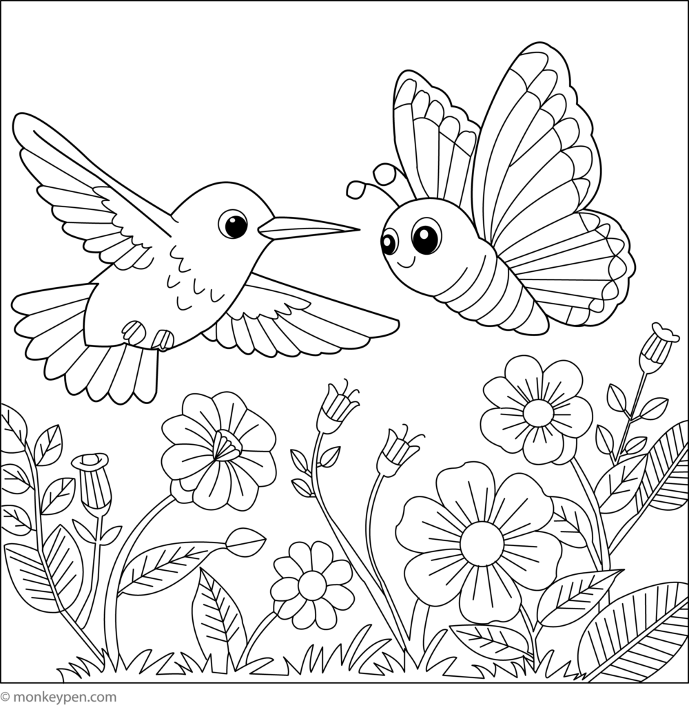 Outline coloring page showing a hummingbird flying beside a butterfly above a garden of flowers and leaves.