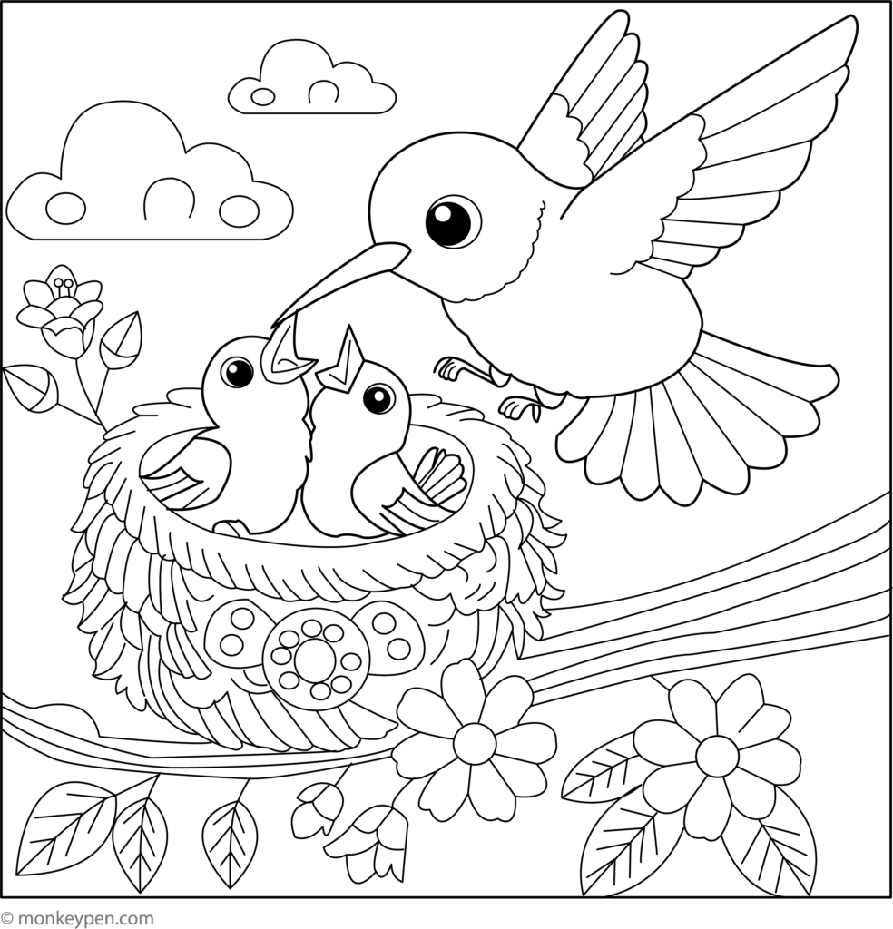 Outline coloring page of a hummingbird feeding two chicks in a nest, surrounded by flowers, leaves, branches, and clouds.