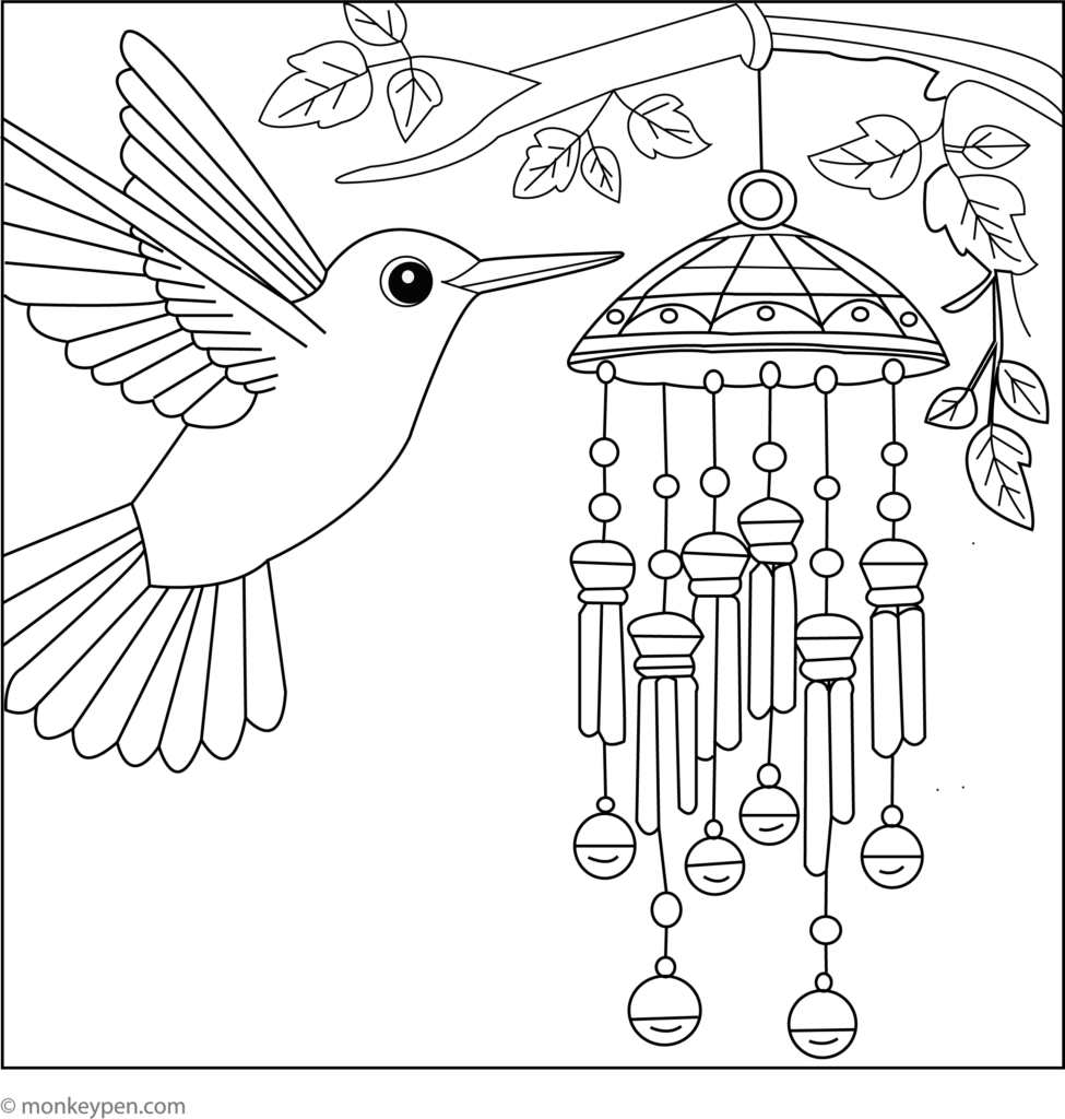Black-and-white coloring page showing a hummingbird with outstretched wings beside a hanging ornament and leafy branches.