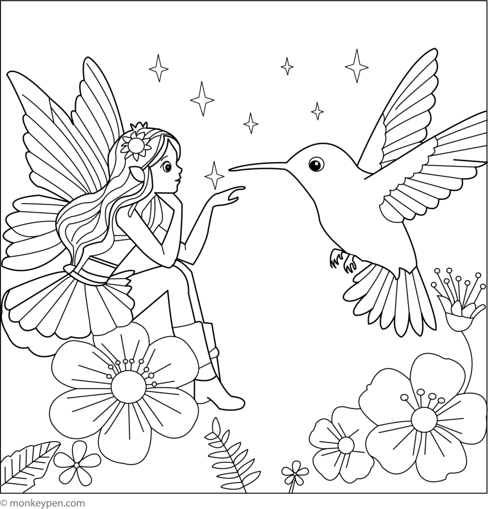 A hummingbird with spread wings faces a fairy among large flowers, leaves, and stars in a line-art coloring page.