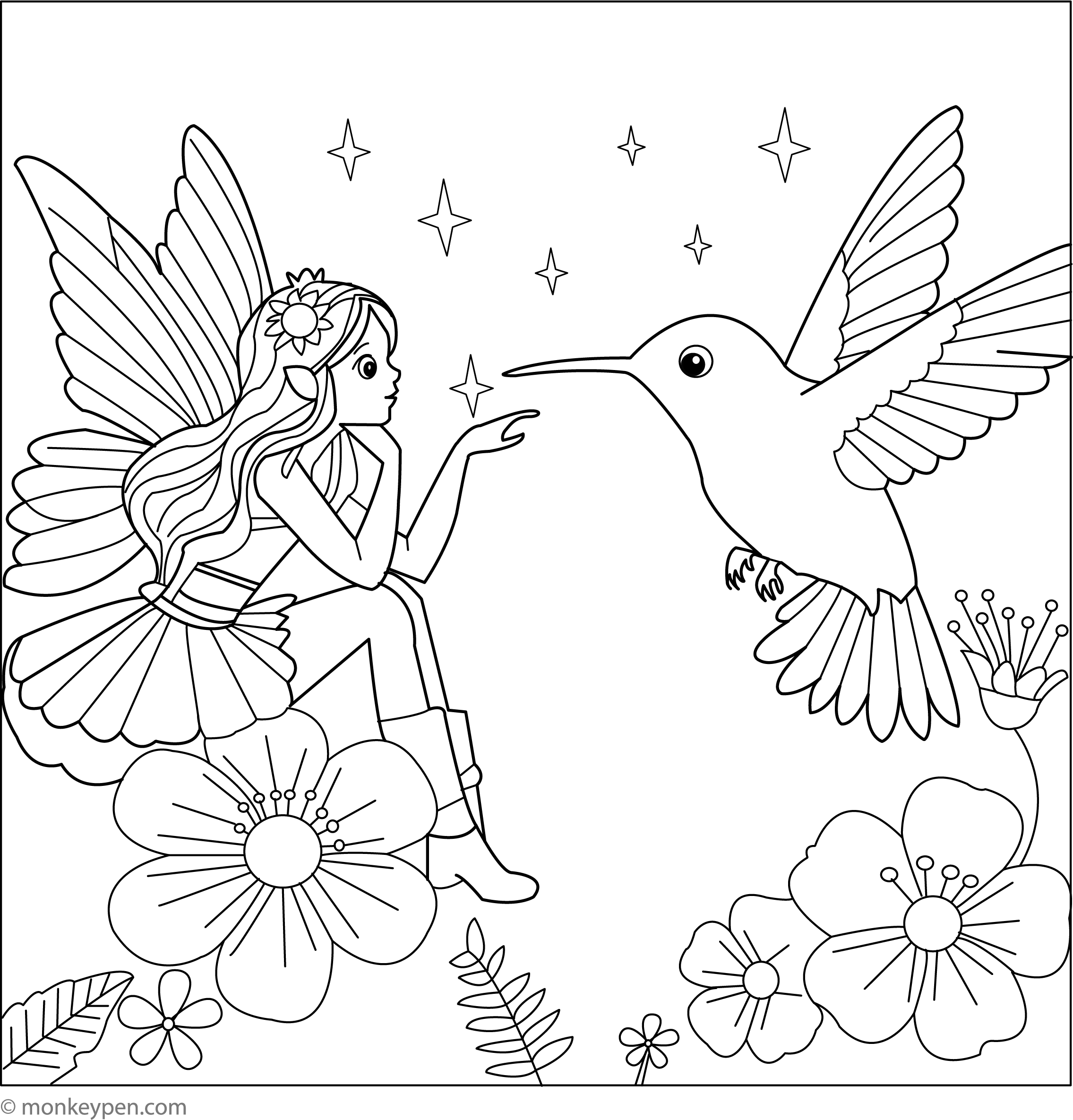 A hummingbird with spread wings faces a fairy among large flowers, leaves, and stars in a line-art coloring page.