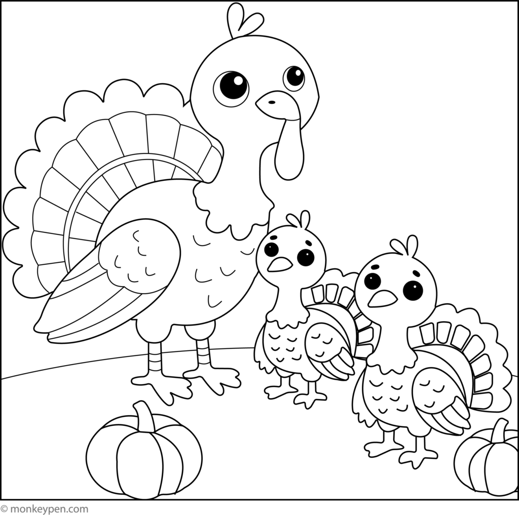 A large turkey stands beside two chicks, with pumpkins nearby, in a black-and-white Thanksgiving coloring page.